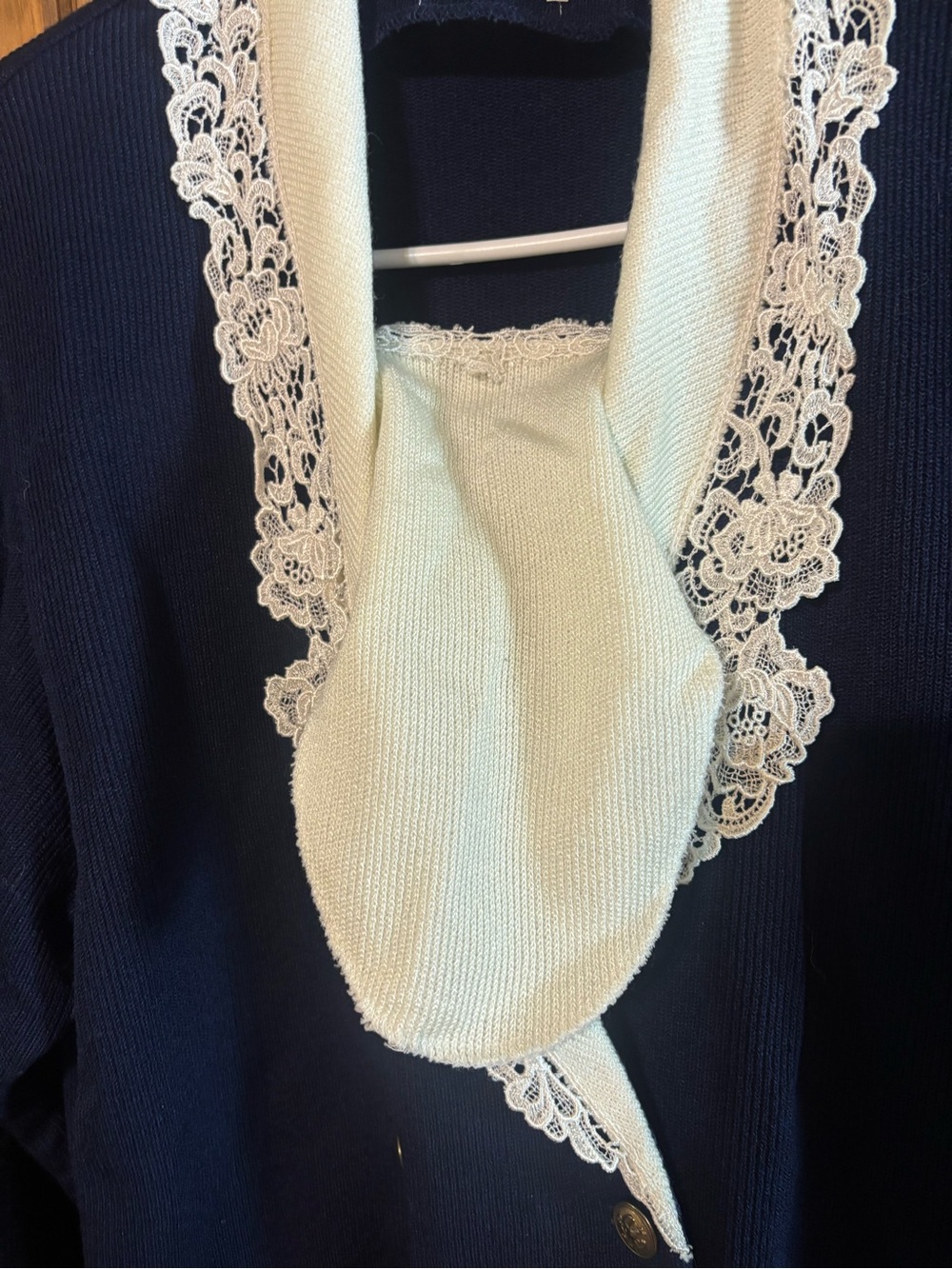 Vintage Nilani Navy Blue Off White Lace Trim knit Cardigan Coquette Sweater M - Picture 13 of 13
